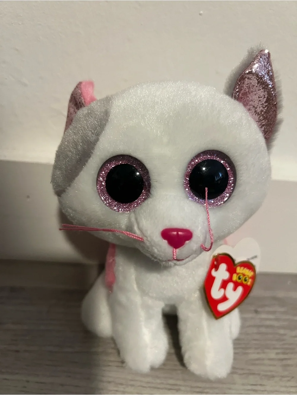 Ty White and Pink Glitter-Eyed Cat Plush